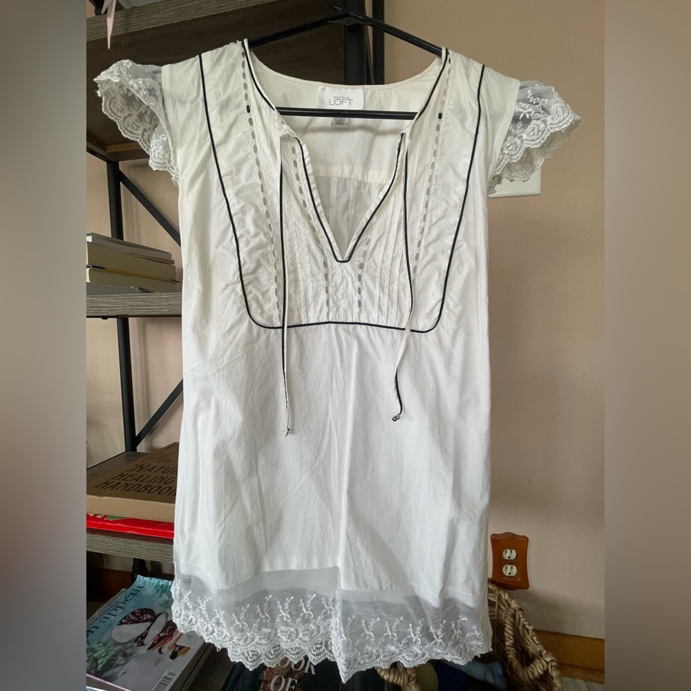 LOFT White Blouse with Lace and Black Trim